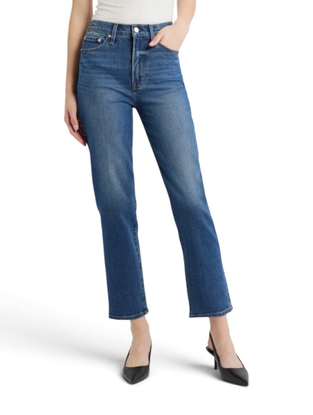 Pistola Charlie High Rise Straight Ankle Jeans In Distressed Indigo Blue Size 28